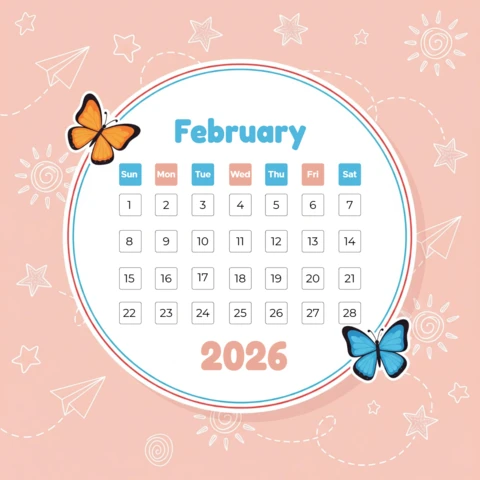 February 2026 Calendar Poster Whimsical Butterfly Design with Pink Background and Sparkling Valentine Glow