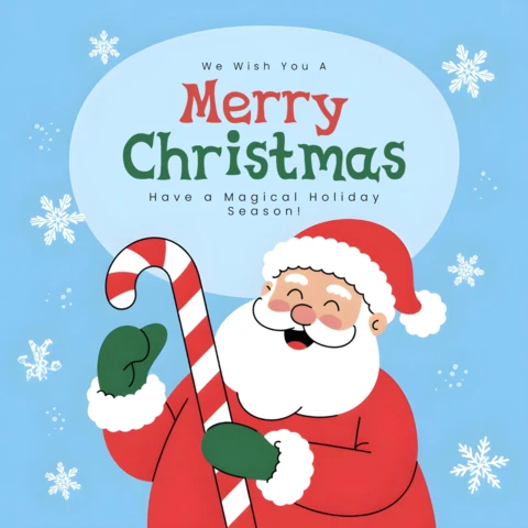 Frohe Weihnachten Plakat, Weihnachtsmann hält Zuckerstange in schneebedeckter blauer Szene mit Feiertagsgrüßen Designvorlage