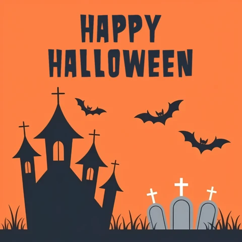Plantilla de diseño de Halloween espeluznante con casa embrujada y murciélagos para invitaciones a fiestas