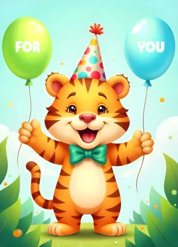 Minimalist Cartoonish Birthday Card Design With Cute Tiger and Balloons