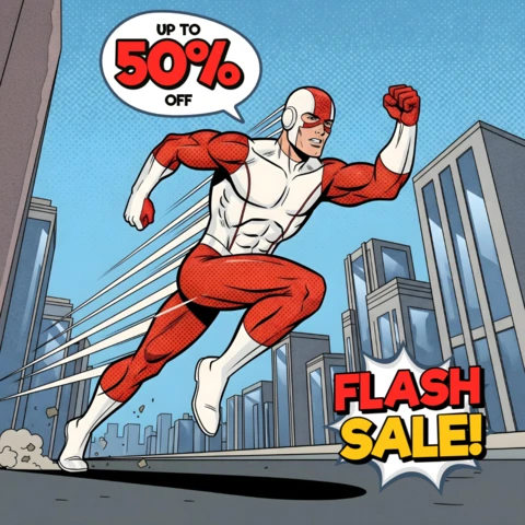 Art de vente flash en style bande dessinée de super-héros de ville avec design de lignes de vitesse pour des flyers promotionnels