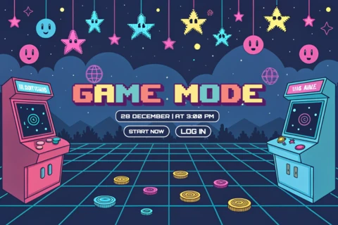 Modèle d'événement de nuit de jeux d'arcade rétro avec design néon pour affiches