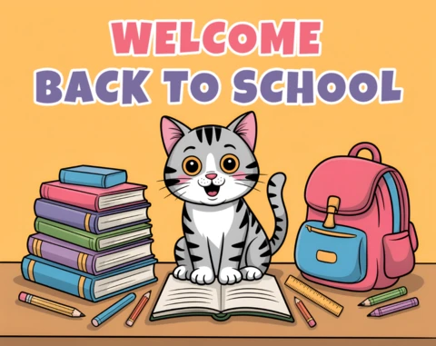 Back to School Cat Design Template for Greeting Cards