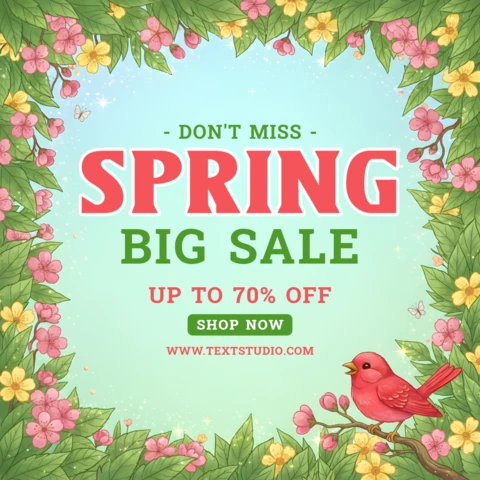 Modelo de cartaz para venda de primavera com flores vibrantes, ilustração de pássaro e promoção de desconto por tempo limitado.
