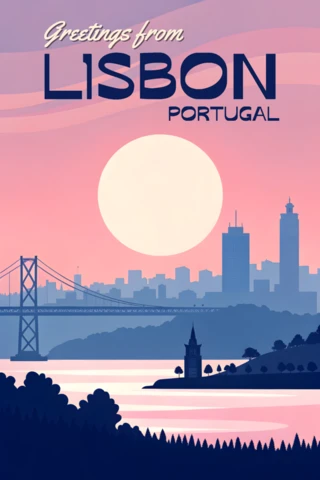 Lisbon Sunset Design for Retro Flat Postcards Template