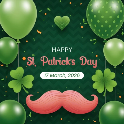 Plantilla de celebración del Día de San Patricio con globos verdes y tréboles para invitaciones festivas.