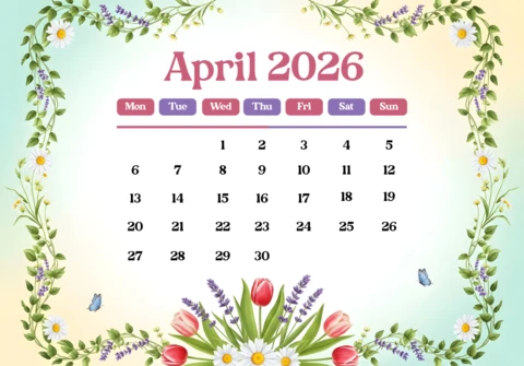 April 2026 Calendar Poster — Tulips, Daisies, Lavender, Butterflies, and Pastel Spring Floral Theme