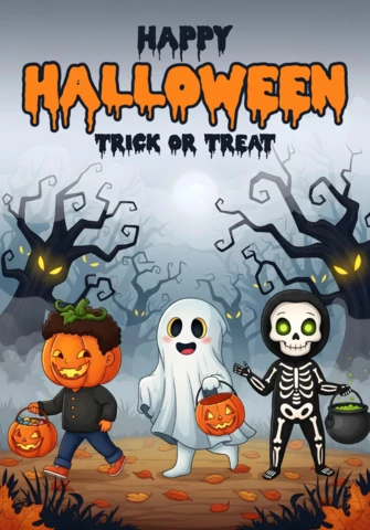 Halloween Trick-or-Treat nebliger Wald mit Kürbis, Geist und Skelett-Kinder Designvorlage für festliche Flyer