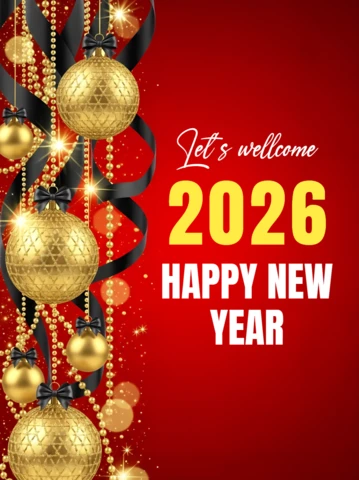 Plantilla de celebración de Año Nuevo con adornos dorados y fondo rojo para tarjetas de felicitación festivas.
