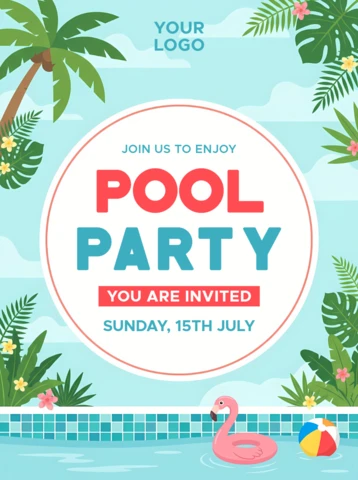 Pool Party Invitation Template with Flamingo Float, Beach Ball and Tropical Poolside Elements
