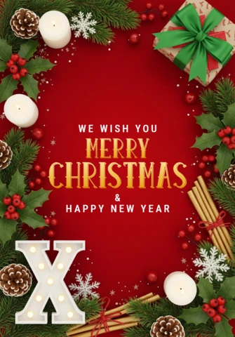Xmas Greeting Card with Red Background, Pine Branches, Candles, Cinnamon Sticks, and Gift Accents