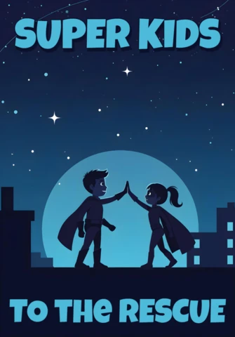 Super bambini al salvataggio, duo di eroi sul tetto sotto il cielo stellato, modello di design poster