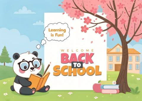 Template de design de panda de volta às aulas para cartazes educativos infantis