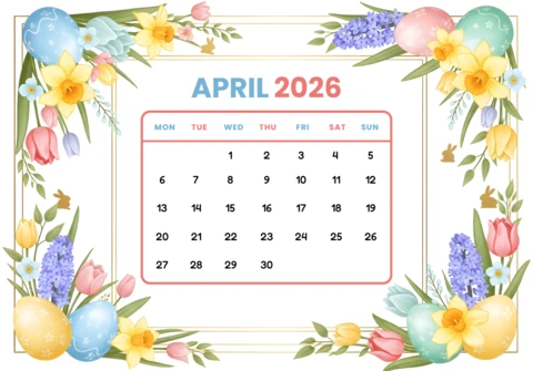 Tulips, Daffodils, Hyacinths, Easter Eggs, Bunny Silhouettes, and Decorative Calendar Design April 2026 Calendar Poster