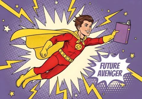 Zukunftsheld fliegender superheld mit buch, blitz und lila comic-poster-designvorlage
