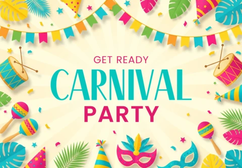 Carnival Party Poster Light Gradient Background with Drums, Maracas, Masks, and Festive Decorations