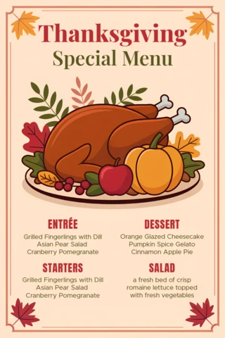 Thanksgiving Menu Design Template with Turkey and Autumn Leaves for Restaurant Promotion