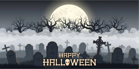 Halloween-Nacht Friedhofsszene mit Schädel-Themenbegrüßung & Mondschein YouTube-Cover-Design-Vorlage