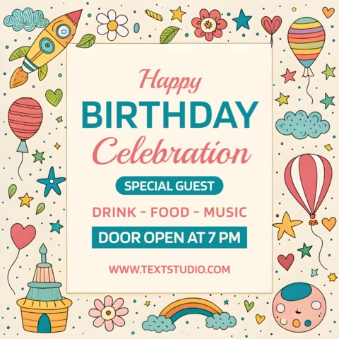 Whimsical Birthday Celebration Template Design with Colorful Illustrations
