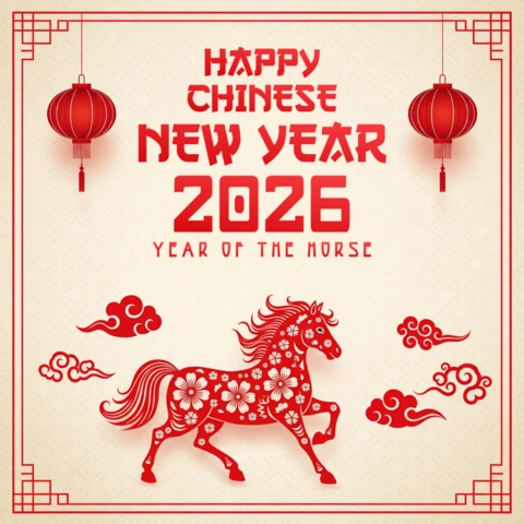 Year of The Horse with Floral Golden Horse and Hanging Lanterns Chinese New Year 2026 Poster