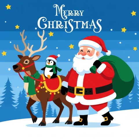 Merry Christmas Card Santa, Reindeer, and Penguin in Winter Wonderland with Stars and Snowflakes Poster Design Template