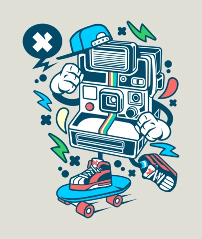 Modèle de conception de t-shirt de personnage de dessin animé de skateur Polaroid
