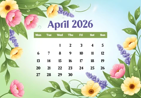 April 2026 Calendar Poster — Elegant Gradient Background with Blossoms, Leaves, and Decorative Border Theme