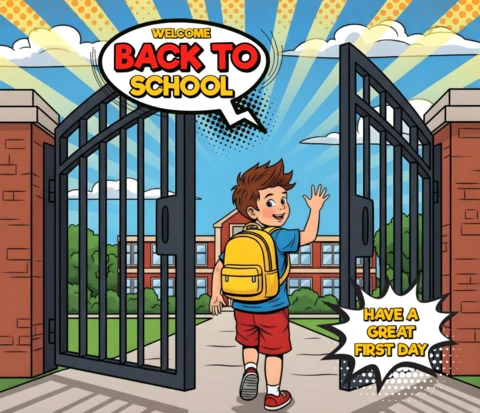 Welcome Back to School Student Walking Through Gate Toward School with Raised Hand and Backpack Poster Design Template