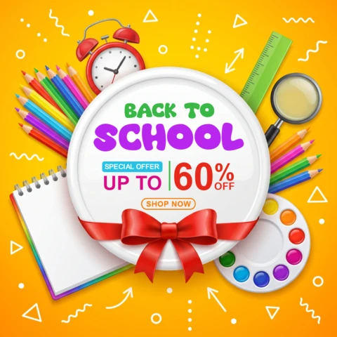 Banner de venta de regreso a clases con útiles escolares coloridos y oferta de descuento del sesenta por ciento sobre un fondo amarillo