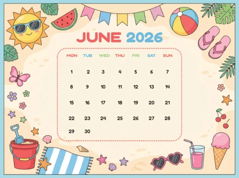 Calendário de verão de junho de 2026 com óculos de sol, melancia, chinelos e folhas tropicais.