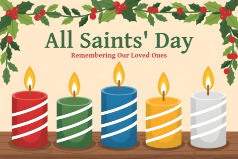All Saints’ Day Illustration Festive Candle Display with Holly Leaves & Wooden Surface Greeting Card Design Template