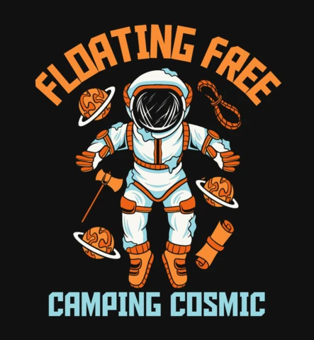 Design de camiseta com tema de camping cósmico flutuante livre com astronauta, planetas e equipamentos de sobrevivência no espaço.