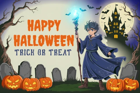 Modello di design di Halloween modificabile con stregone e zucche per inviti a feste