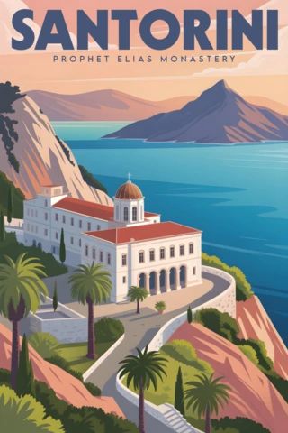Peygamber Elias manastırı, gün batımı deniz manzarası ve palmiye ağaçları ile Santorini seyahat posterleri tasarım şablonu
