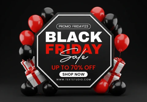 Elegante Black Friday-uitverkoopontwerp met feestelijke ballonnenrand en gedurfde octagonale aanbieding weergeven sjabloon voor promotionele flyers