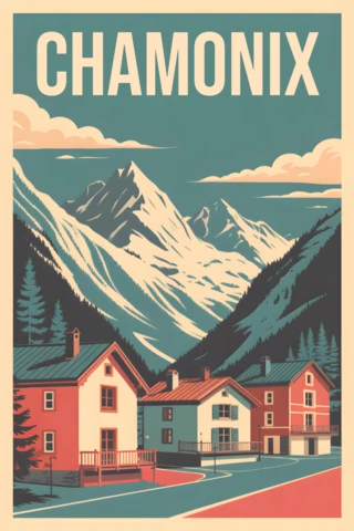 Chamonix Mountain Landscape Vintage Design Template for Travel Posters