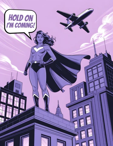 Plantilla de diseño de póster de arte de cómic de paisaje urbano de superhéroes "espera, ya voy" con avión volador y horizonte.