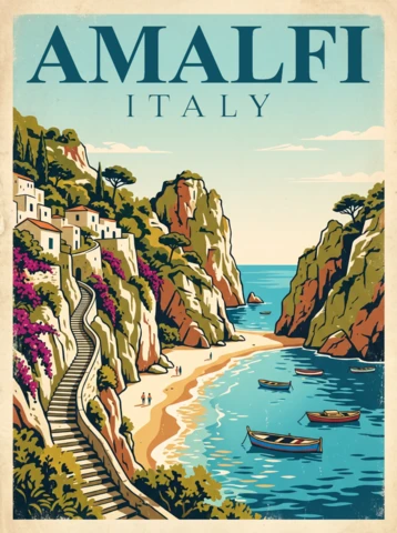 Amalfi Italy Mediterranean Coast Vintage Retro Travel Poster Dramatic Cliffs Colorful Villas Sandy Beach Ocean Design