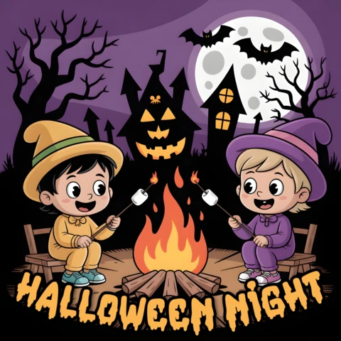 Halloween Trick-or-Treat Campfire Gathering with Kids in Costumes & Spooky Backdrop Design Template for Festive Flyers