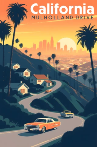 Coucher de soleil californien sur Mulholland Drive design pour merchandising rétro plat