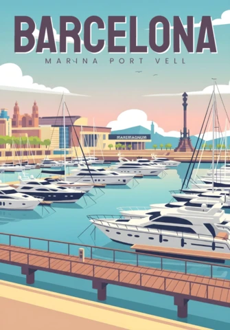 Barcelona Marina Port Vell Luxury Yachts & Columbus Monument Travel Posters Design Template