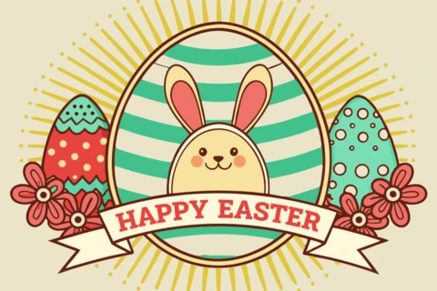 Plantilla de diseño de conejo de Pascua vintage con huevos de colores y elementos florales