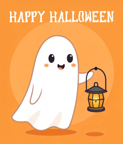 Gelukkige Halloween wenskaart sjabloon met oranje ontwerp en schattige geest