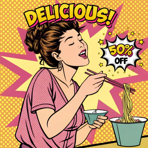 Template de promoção de loja de macarrão pop art com tema de comida deliciosa