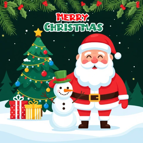 Frohe Weihnachten, Weihnachtsmann und Schneemann in festlicher Schneeszene mit Baum und roter Beeren-Girlande, Plakatdesign-Vorlage