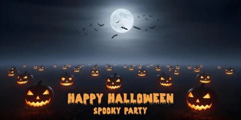 Halloween-Feier unheimliche Atmosphäre, leuchtende Gesichter & gruseliges Party-Facebook-Cover-Design-Vorlage