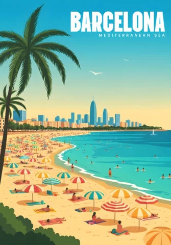 Barcelona Beach with Colorful Umbrellas & City Skyline Travel Posters Design Template