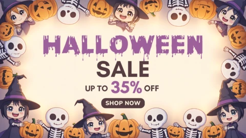 Plantilla de venta de Halloween juguetona con adorables personajes de dibujos animados y calabazas para plantilla de publicidad.