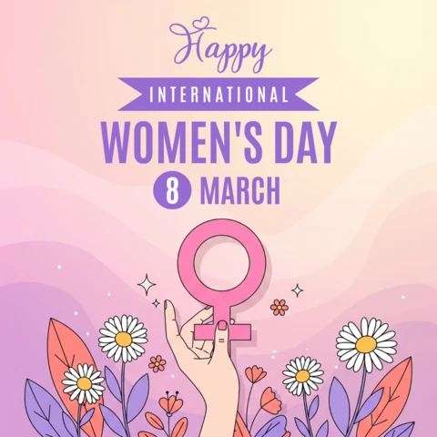 Plantilla de diseño de cartel para el Día Internacional de la Mujer con una mano sosteniendo el símbolo femenino y decoraciones florales.