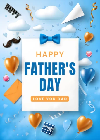 Festive Father's Day Wishes Design Template with Balloons and Clouds